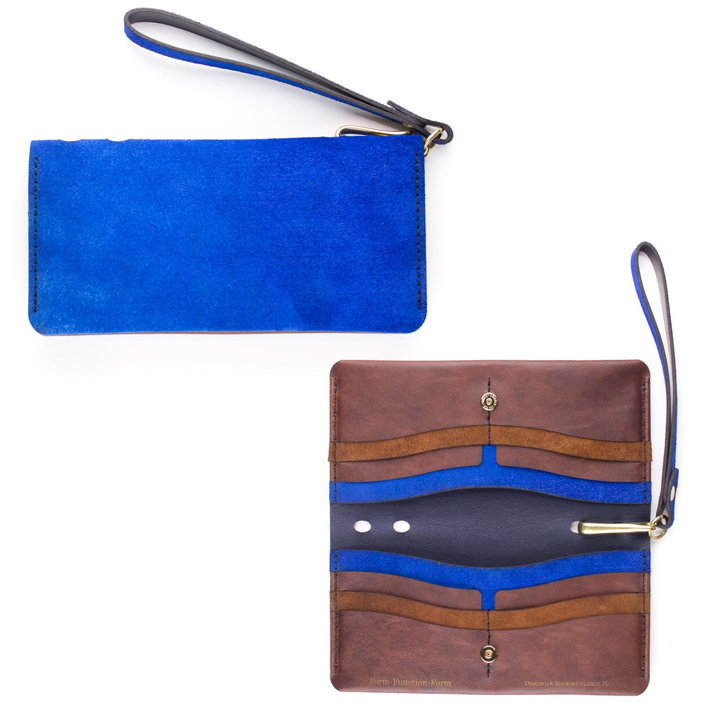 Dime Wristlet in Roughout Blue Suede exterior / Brown Mustang interior — front view