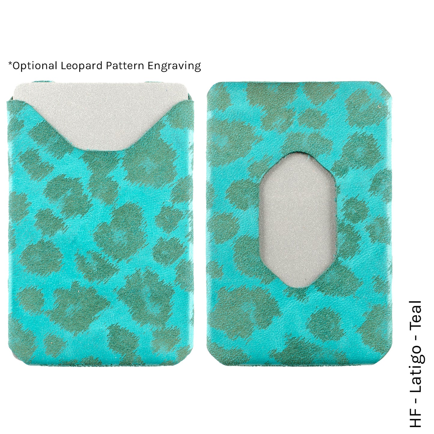 Six Pack Wallet in HF-Latigo Teal with leopard print lining — front view