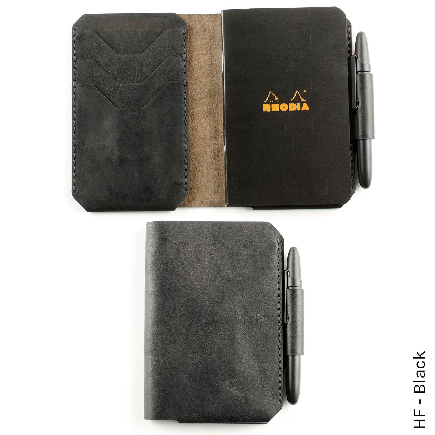 Charette Wallet in HF Black — front view showing Rhodia notebook cover