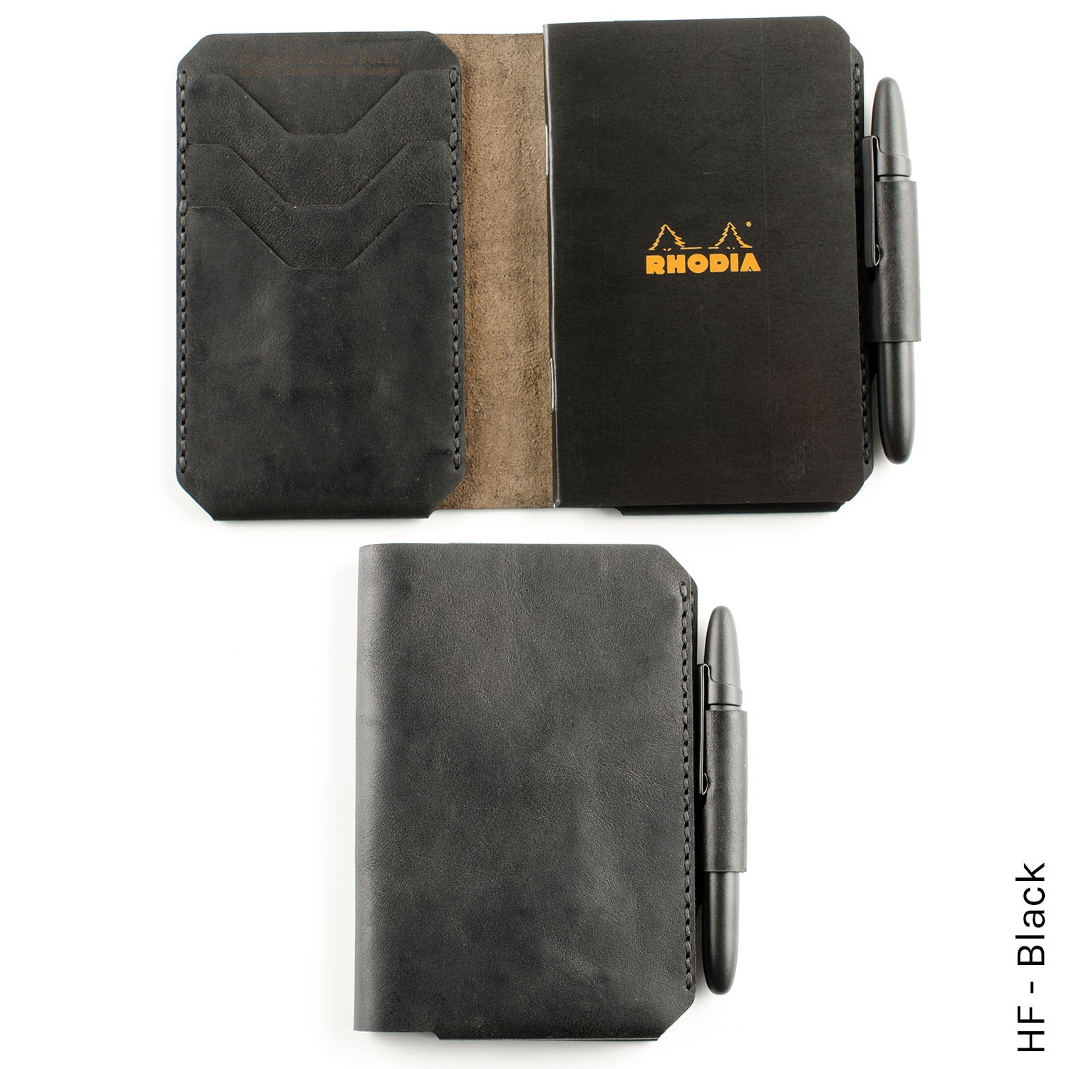Charette Wallet in HF Black — front view showing Rhodia notebook cover